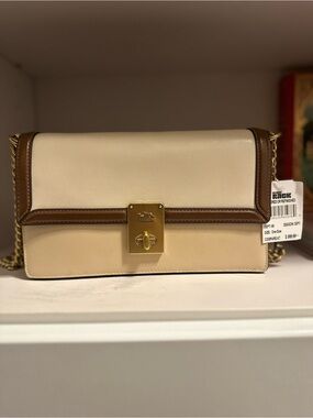 Coach Cream and Brown Leather Crossbody with Gold Turnlock